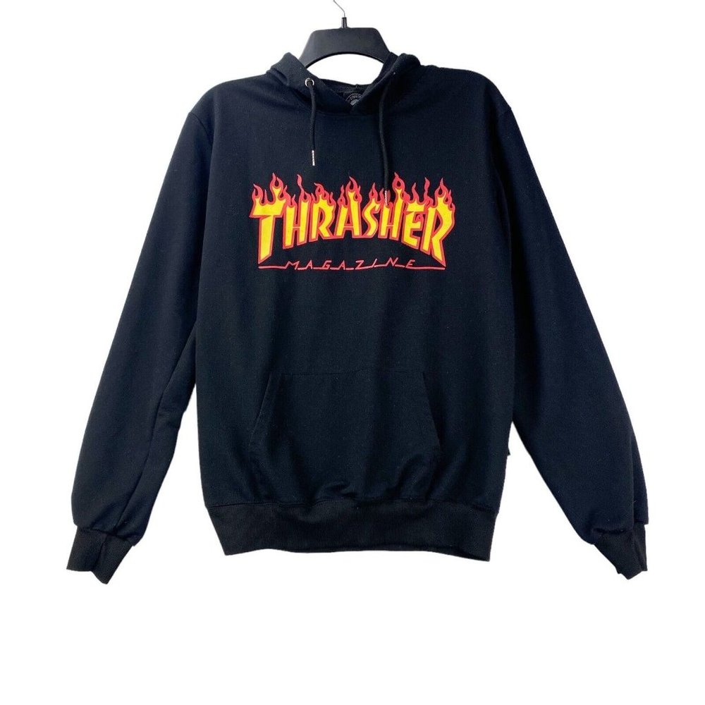 Thrasher Magazine Black Hoodie Flame Logo Skateboarding Pullover Size Medium